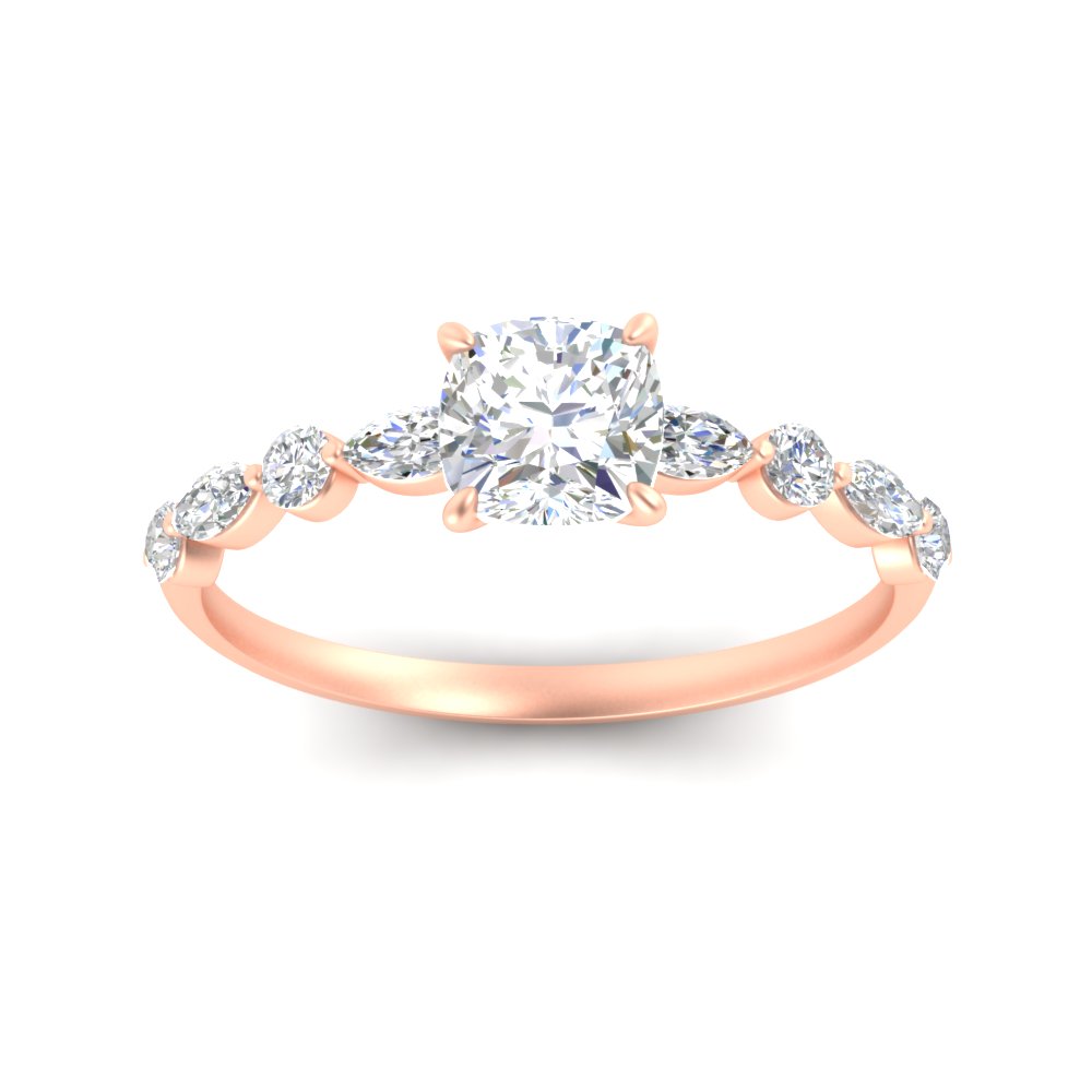 Elongated Cushion Cut Diamond Ring with 14K Rose Gold White Diamond