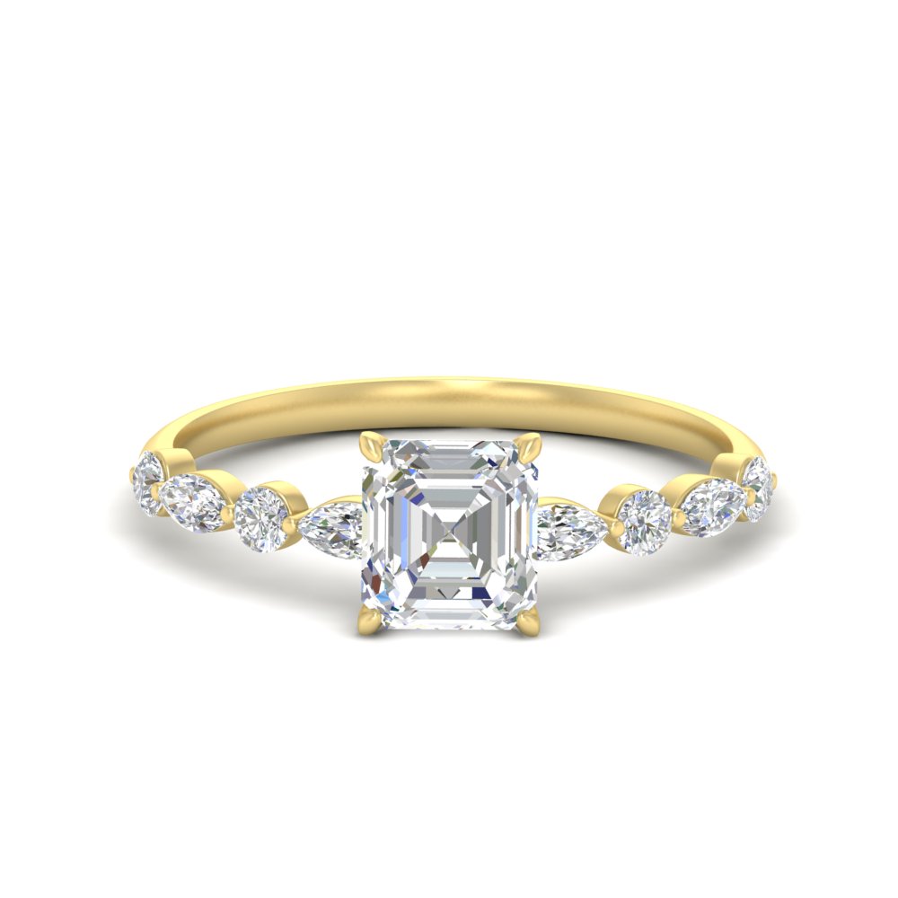 Stunning Assher Cut 1 Carat Diamond Ring with 14K Yellow Gold White Diamond