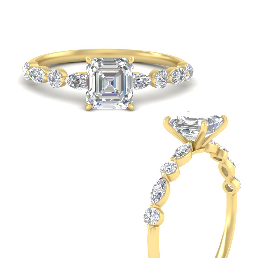 Stunning Assher Cut 1 Carat Diamond Ring with 14K Yellow Gold White Diamond