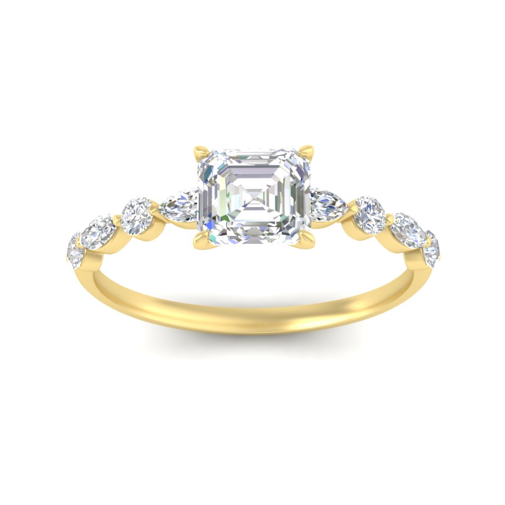 Stunning Assher Cut 1 Carat Diamond Ring with 14K Yellow Gold White Diamond