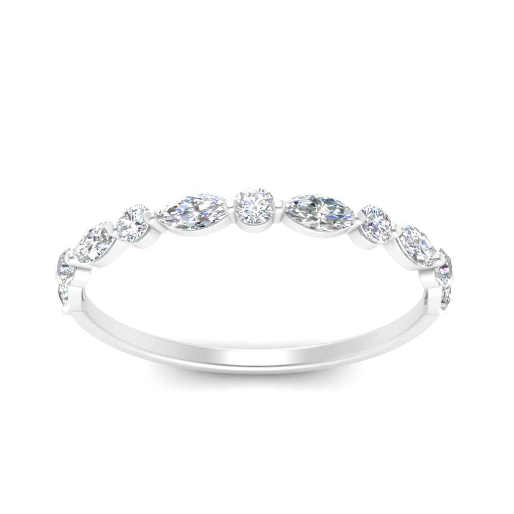 Marquise Round Diamond Common Prong Thin Wedding Band In 14k White Gold 