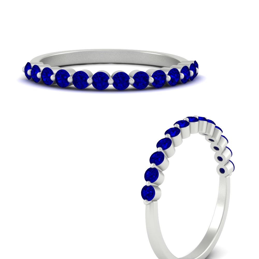 Semi Mount Shaped 2.2 Mm Single Prong Diamond Stacking Band with Blue Sapphire 14K White Gold