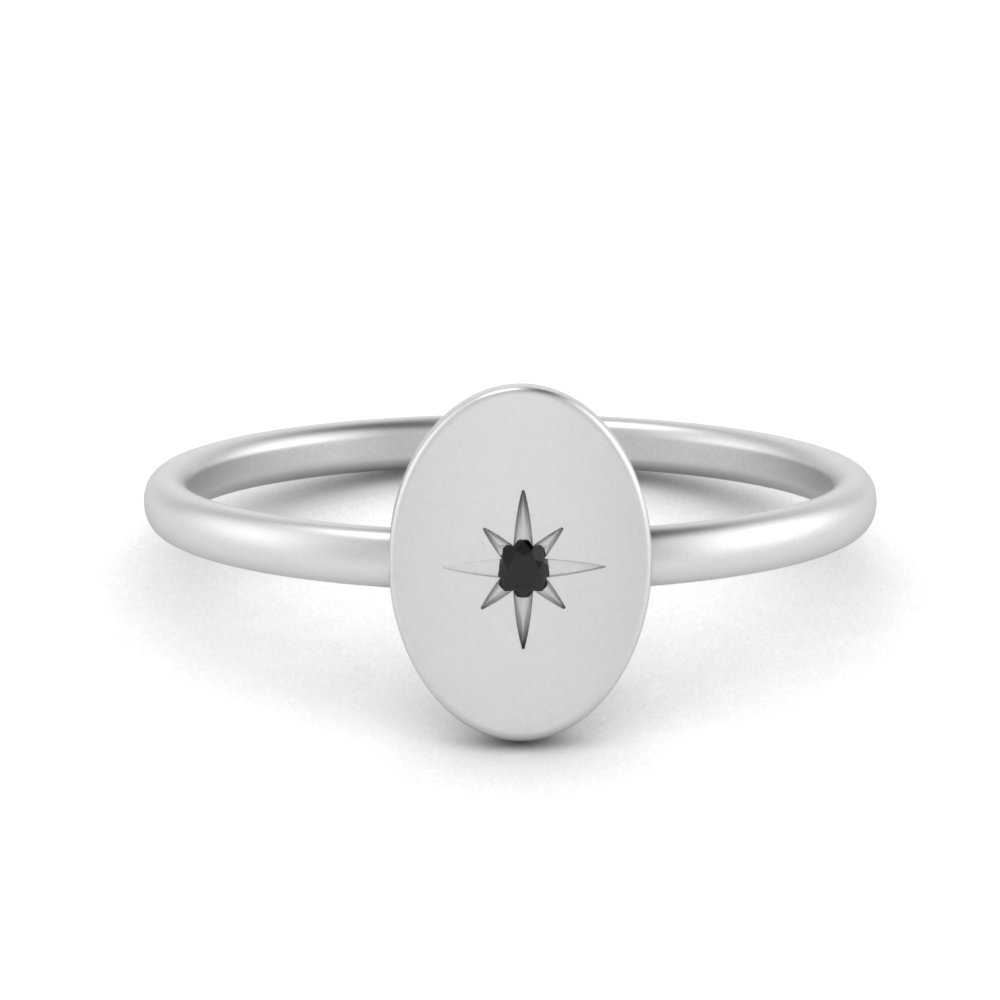 Oval Starburst Gold And Black Diamond Signet Ring In 14K White Gold