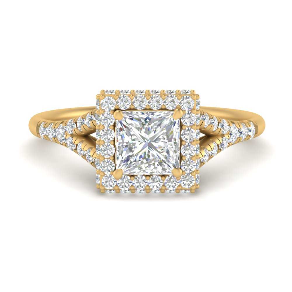 1 Carat Princess Cut Halo Split Lab Diamond Ring with 14K Yellow Gold White Diamond
