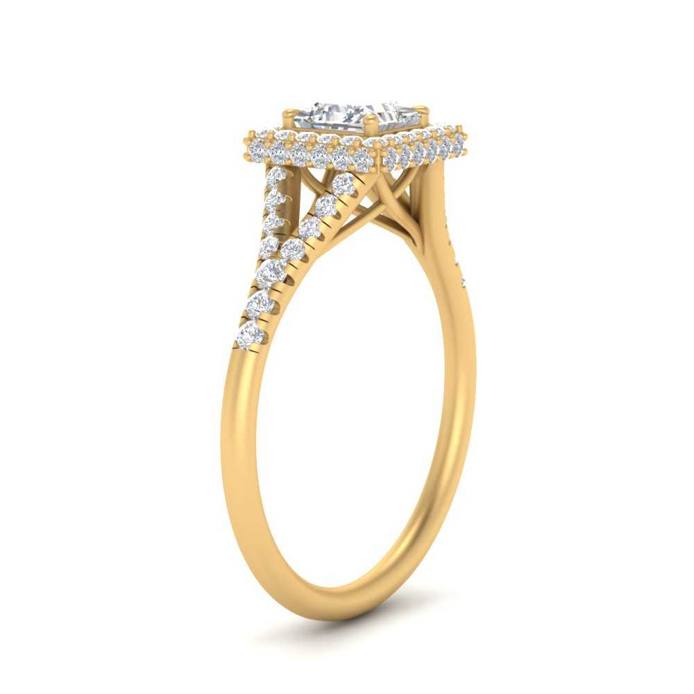 1 Carat Princess Cut Halo Split Lab Diamond Ring with 14K Yellow Gold White Diamond
