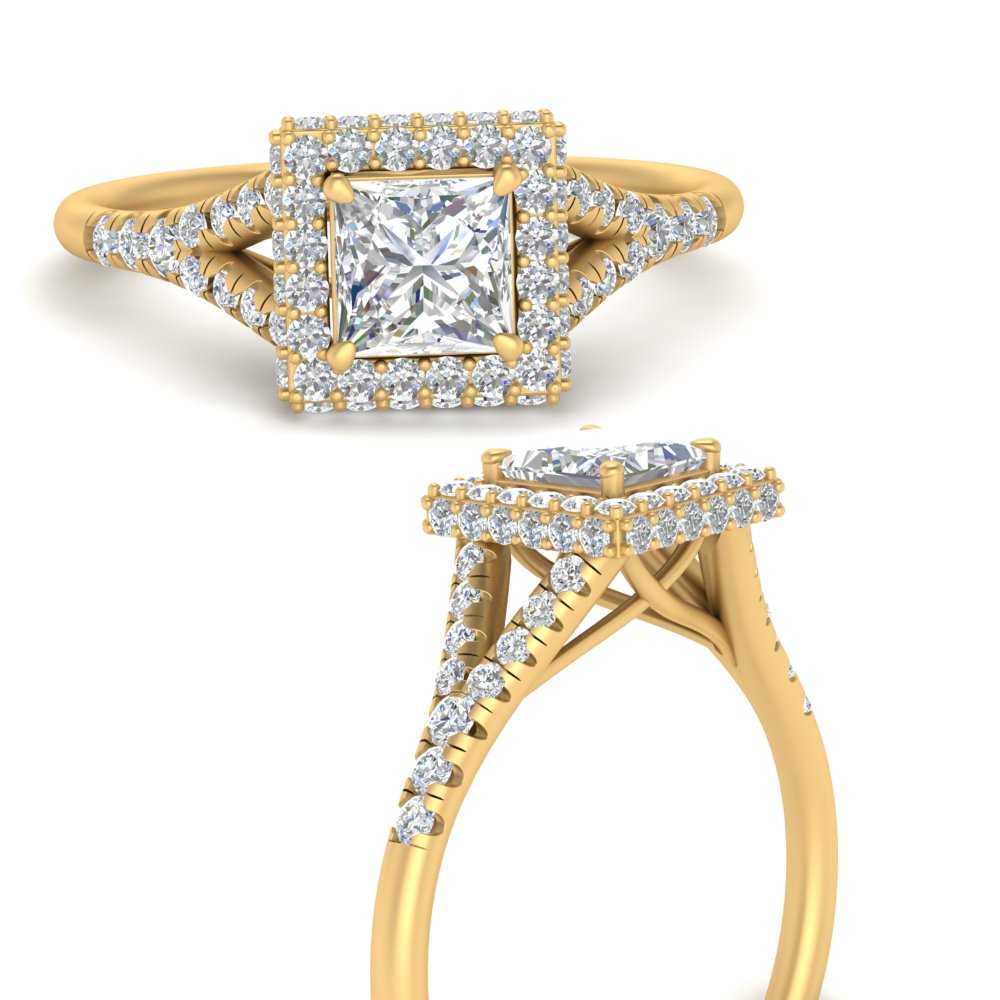 1 Carat Princess Cut Halo Split Lab Diamond Ring with 14K Yellow Gold White Diamond