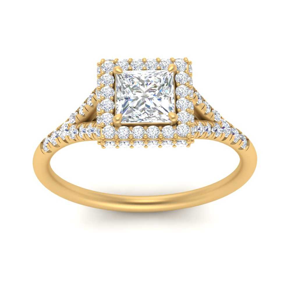 1 Carat Princess Cut Halo Split Lab Diamond Ring with 14K Yellow Gold White Diamond