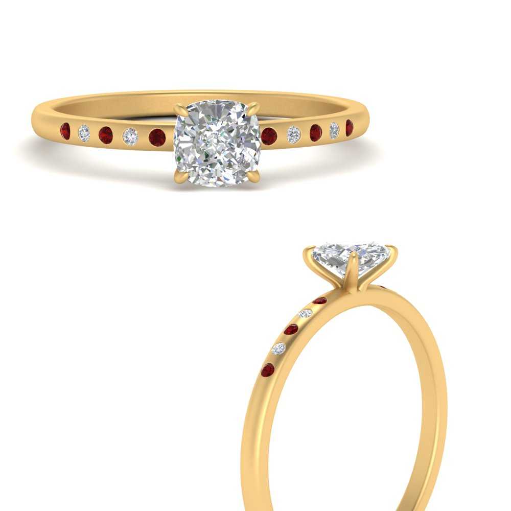 Thin Bezel Set Scattered Cushion Cut Engagement Ring With Ruby In 14K