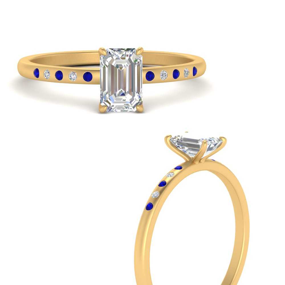 Thin Bezel Set Scattered Emerald Cut Engagement Ring With Sapphire In