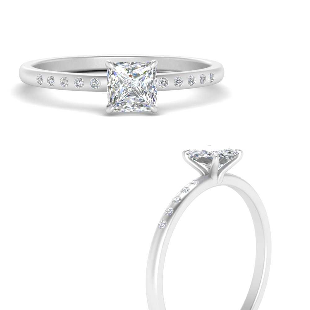 Thin Bezel Set Scattered Princess Cut Lab Diamond Engagement Ring In ...