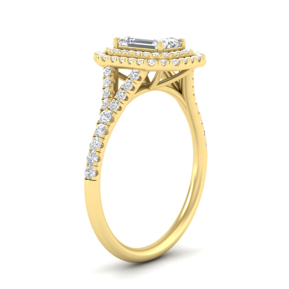 Emerald Shaped Emerald Split Double Halo Engagement Ring with White Diamond in 14K Yellow Gold