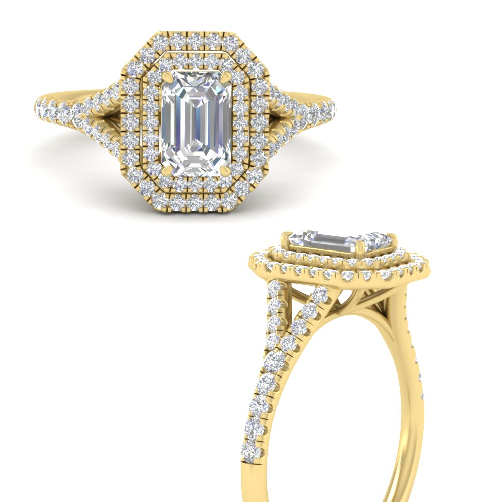 Emerald Shaped Emerald Split Double Halo Engagement Ring with White Diamond in 14K Yellow Gold