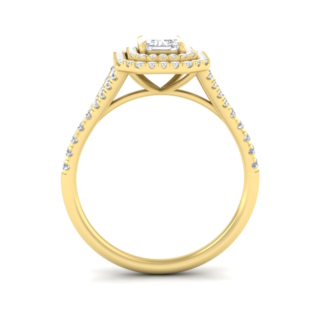 Emerald Shaped Emerald Split Double Halo Engagement Ring with White Diamond in 14K Yellow Gold