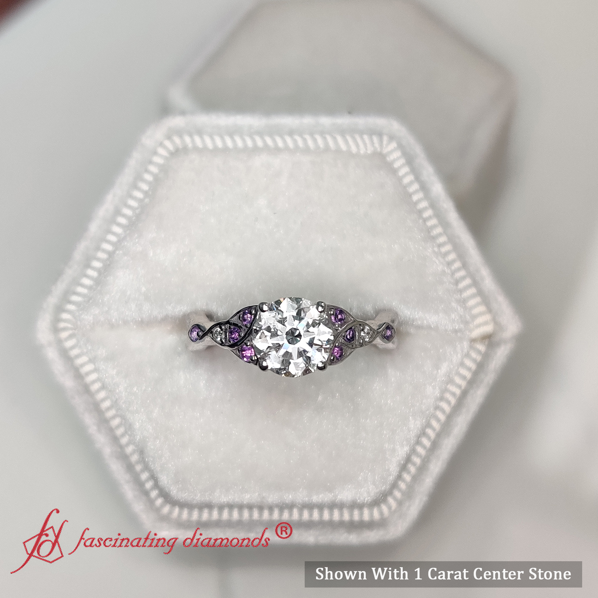Celtic Knot Diamond Engagement Ring with 18K White Gold Purple Amethyst