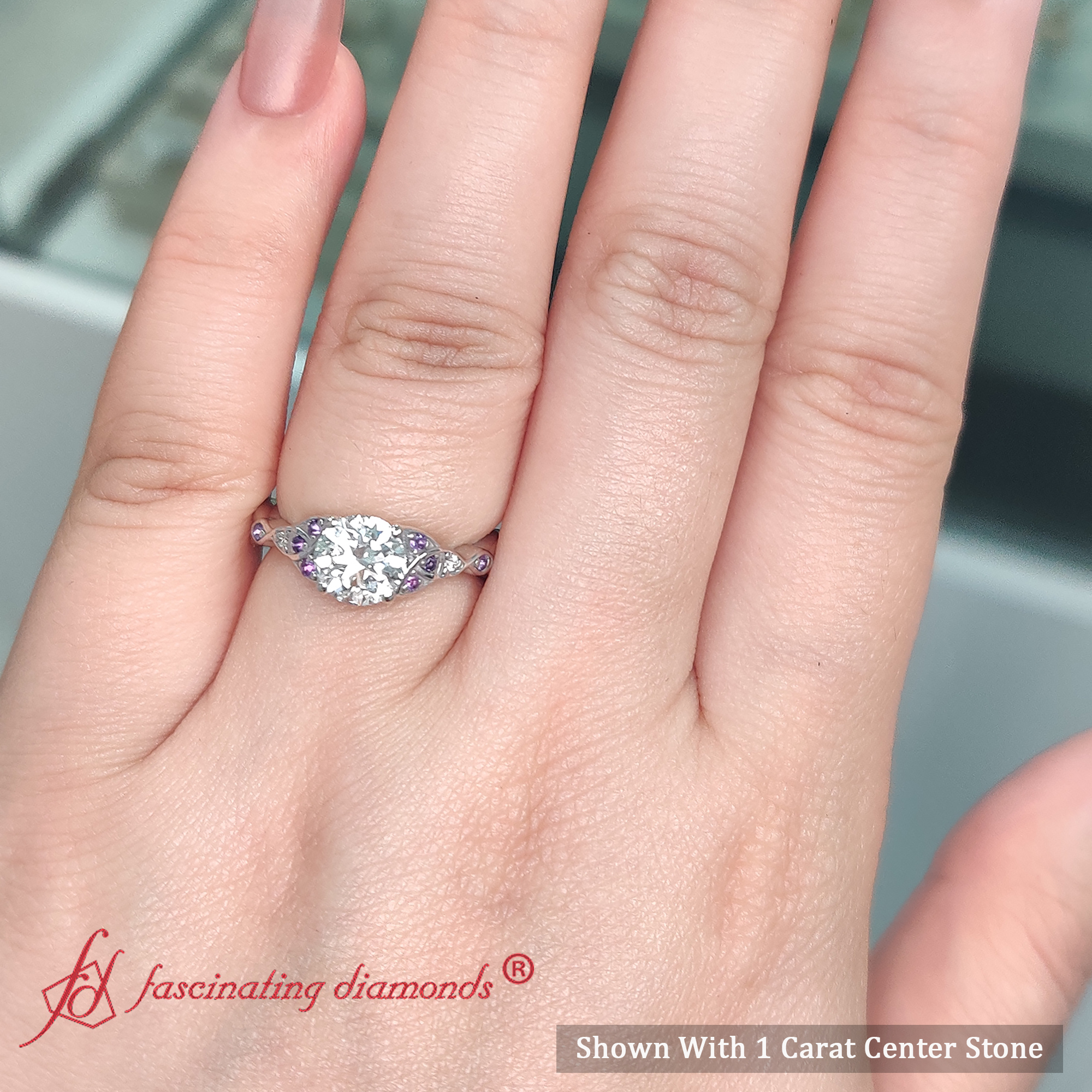Celtic Knot Diamond Engagement Ring with 18K White Gold Purple Amethyst