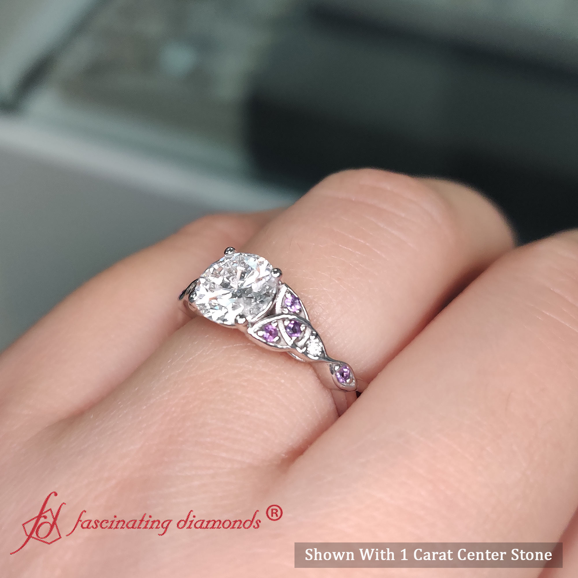 Celtic Knot Diamond Engagement Ring with 18K White Gold Purple Amethyst
