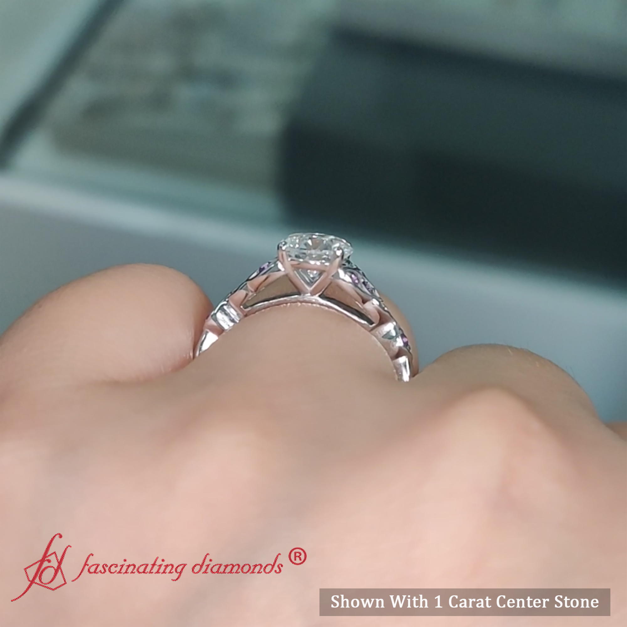 Celtic Knot Diamond Engagement Ring with 18K White Gold Purple Amethyst