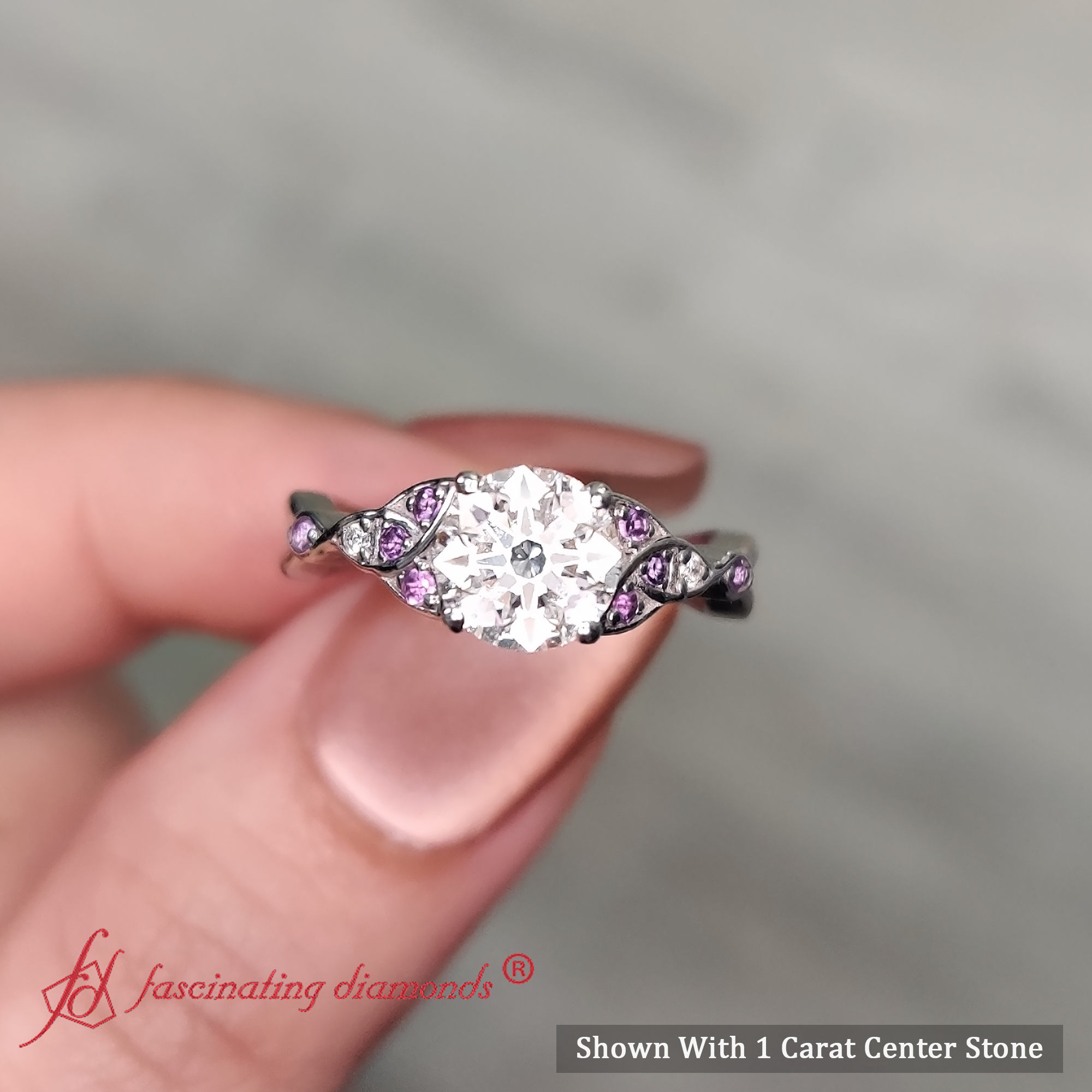 Celtic Knot Diamond Engagement Ring with 18K White Gold Purple Amethyst