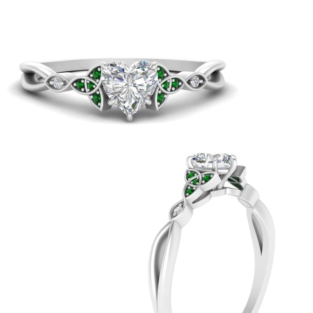 celtic knot split heart shaped diamond engagement ring with emerald in white gold FD124181HTRGEMGRANGLE3 NL WG