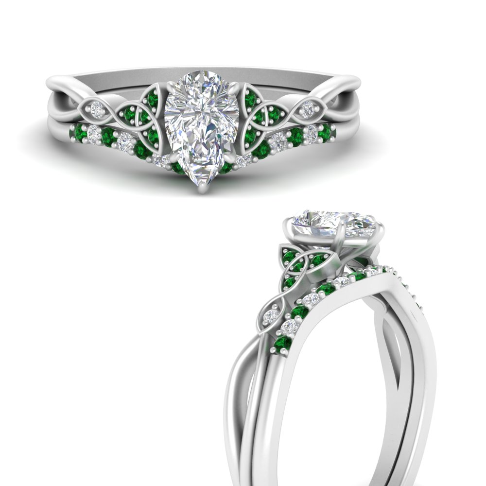 Celtic Knot Split Pear Shaped Emerald Wedding Ring Set In 14K White Gold