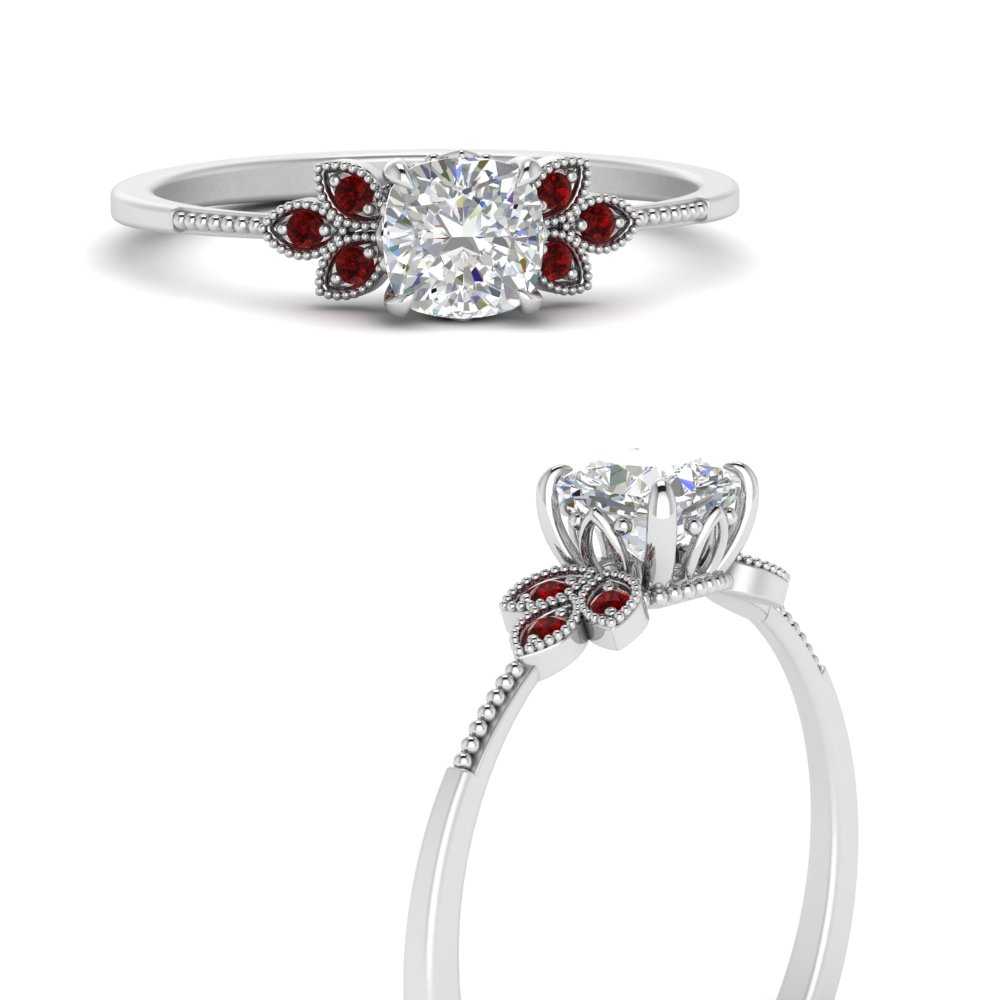 affordable milgrain nature inspired cushion ruby ring in white gold FD69806CURGRUDRANGLE3 NL WG