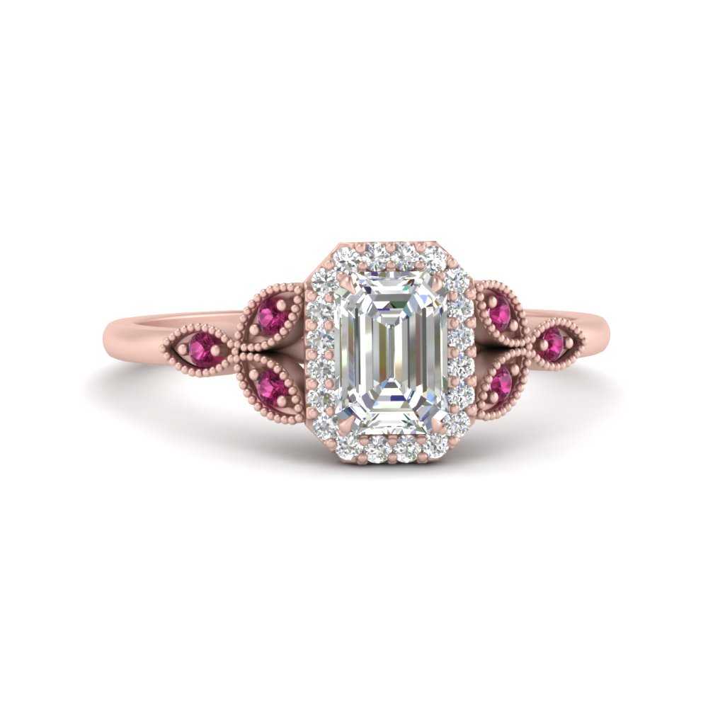 0.75 Ct Emerald Cut Diamond Engagement Ring with 14K Rose Gold Pink Sapphire