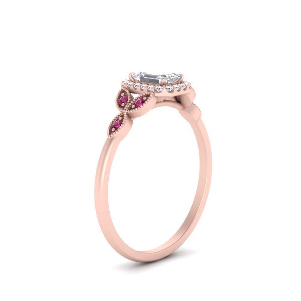 0.75 Ct Emerald Cut Diamond Engagement Ring with 14K Rose Gold Pink Sapphire