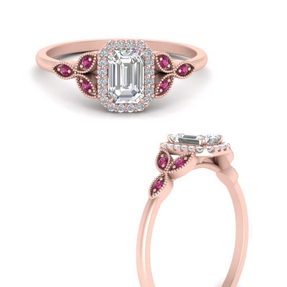 0.75 Ct Emerald Cut Diamond Engagement Ring with 14K Rose Gold Pink Sapphire