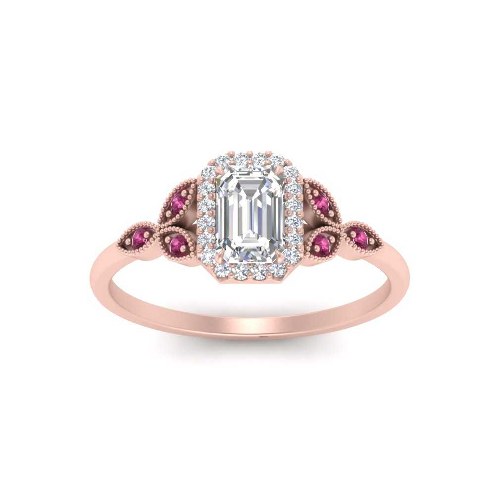0.75 Ct Emerald Cut Diamond Engagement Ring with 14K Rose Gold Pink Sapphire