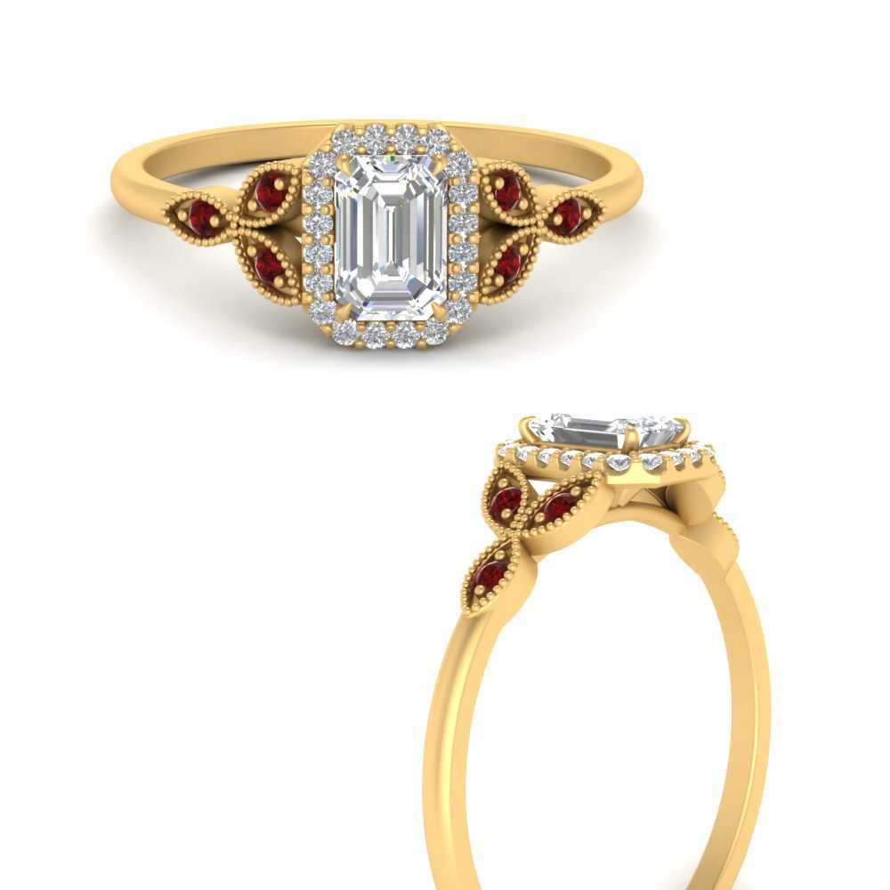 Emerald Cut Diamond Halo Engagement Ring 3 Carat with 14K Yellow Gold Red Ruby