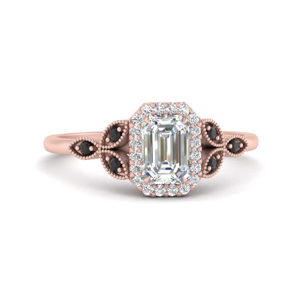 2 Carat Emerald Cut Halo Diamond Ring with 14K Rose Gold Black Diamond