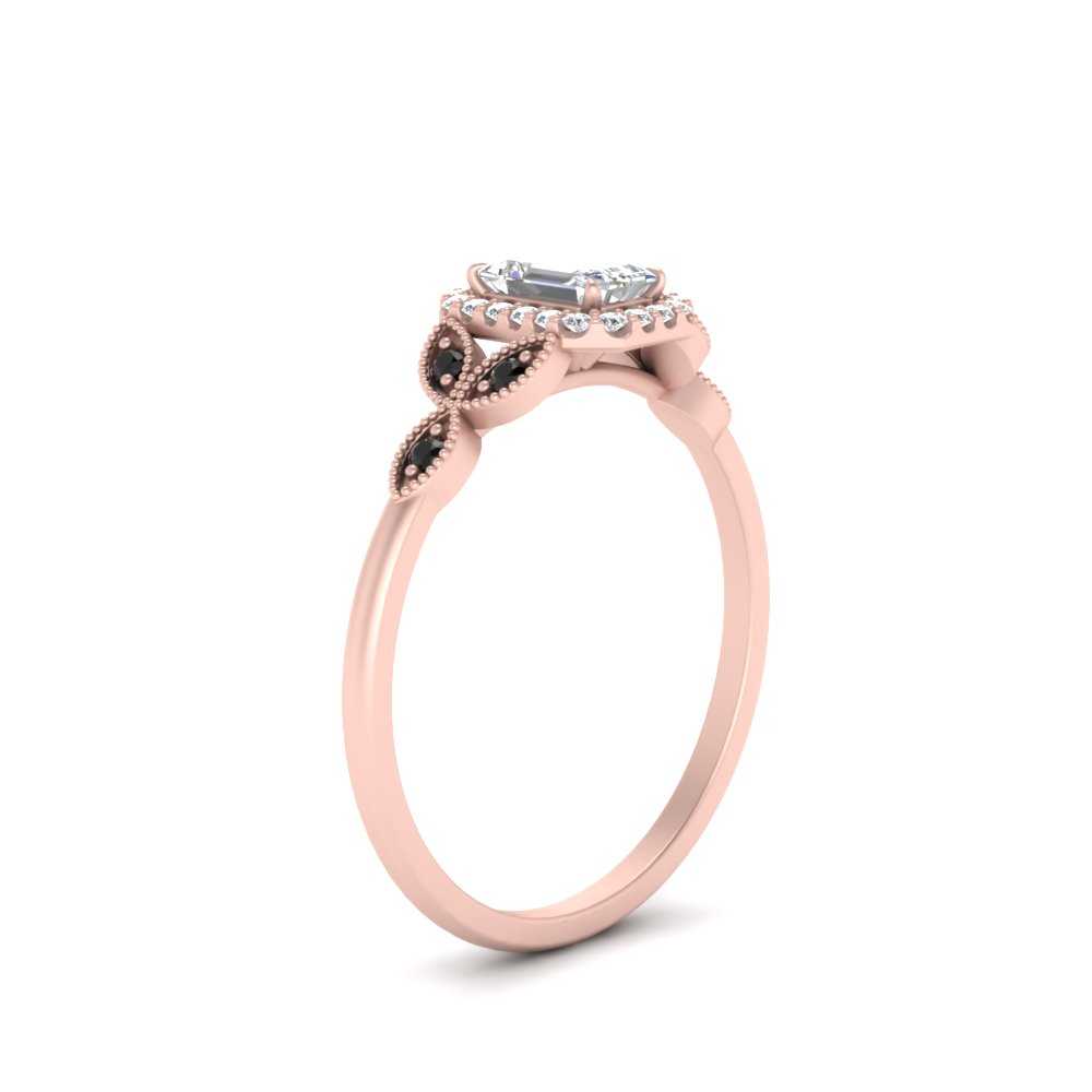 2 Carat Emerald Cut Halo Diamond Ring with 14K Rose Gold Black Diamond