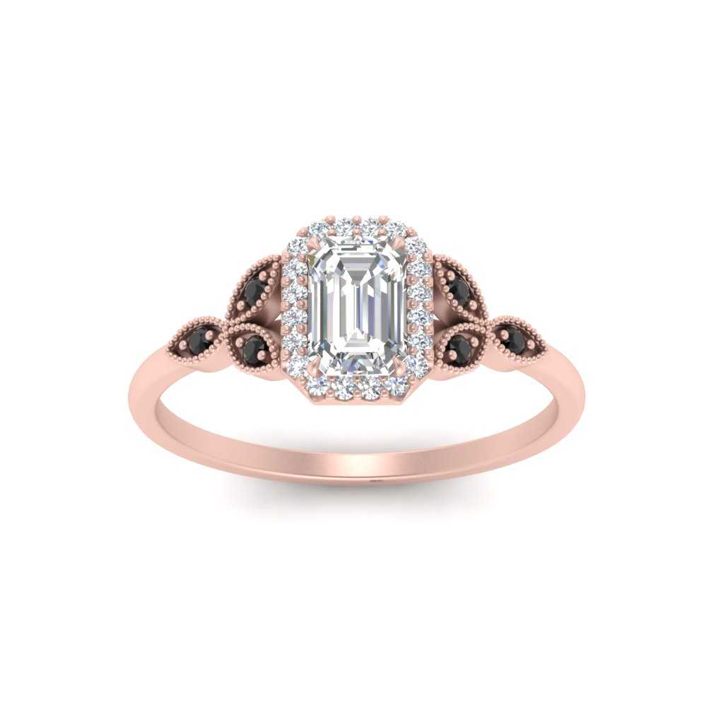 2 Carat Emerald Cut Halo Diamond Ring with 14K Rose Gold Black Diamond
