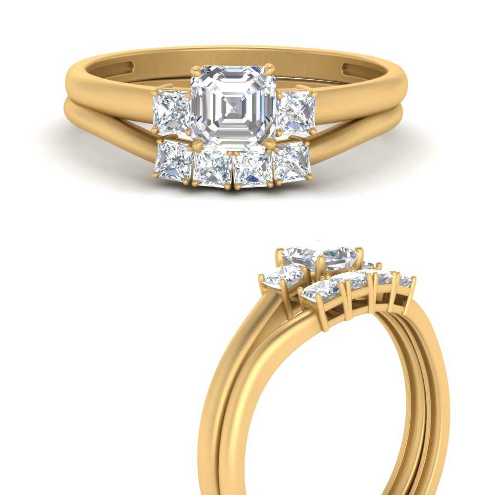 Asscher Cut 3 Stone Wedding Ring Set In 18K Yellow Gold