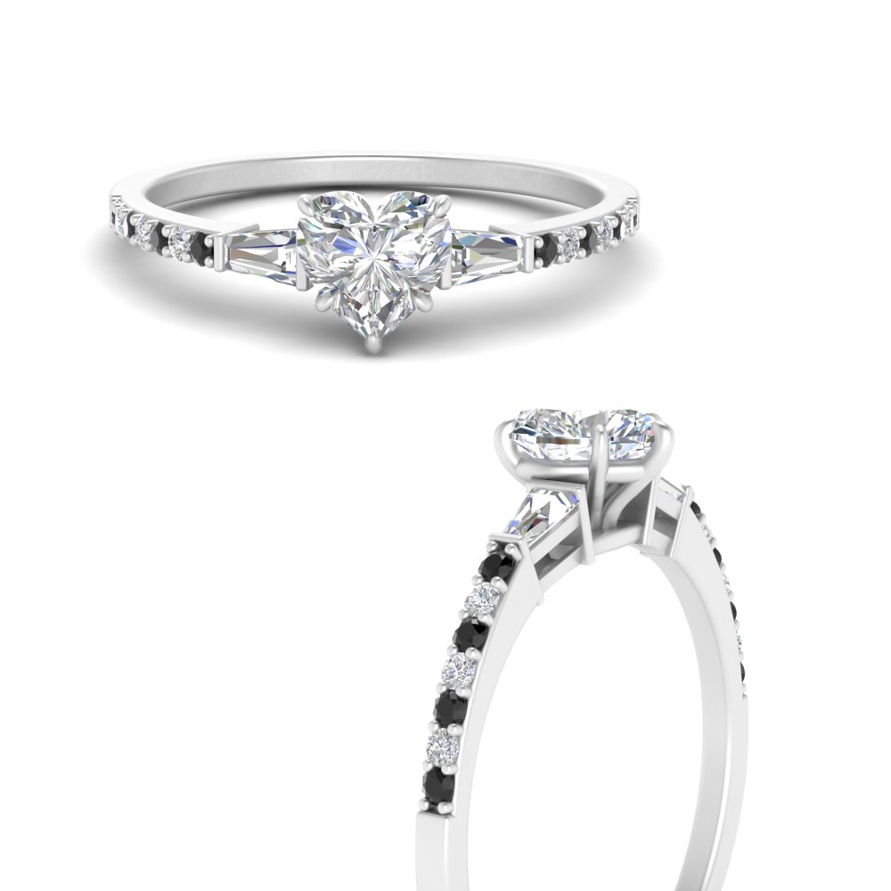 3 Stone Baguette Heart Shaped Black Diamond Engagement Ring In 14K ...