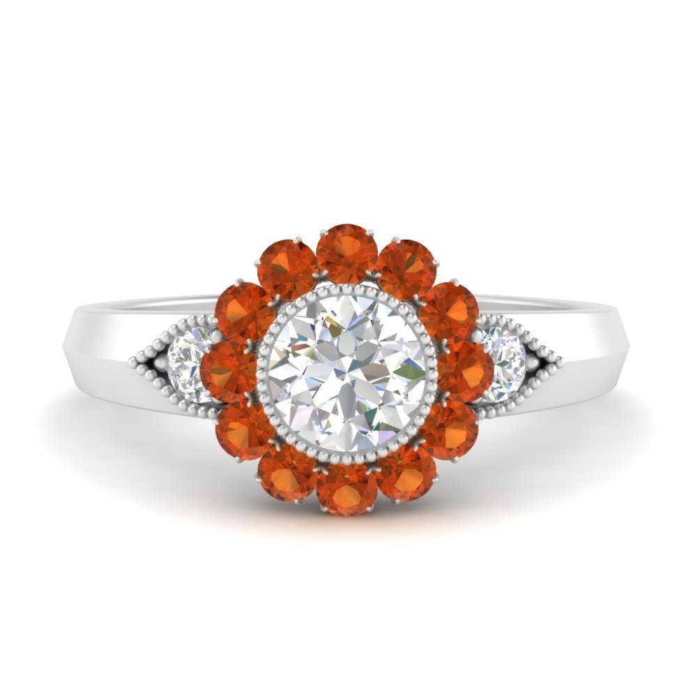 Bezel Milgrain Round Diamond Antique Ring With Orange Sapphire In 950 ...