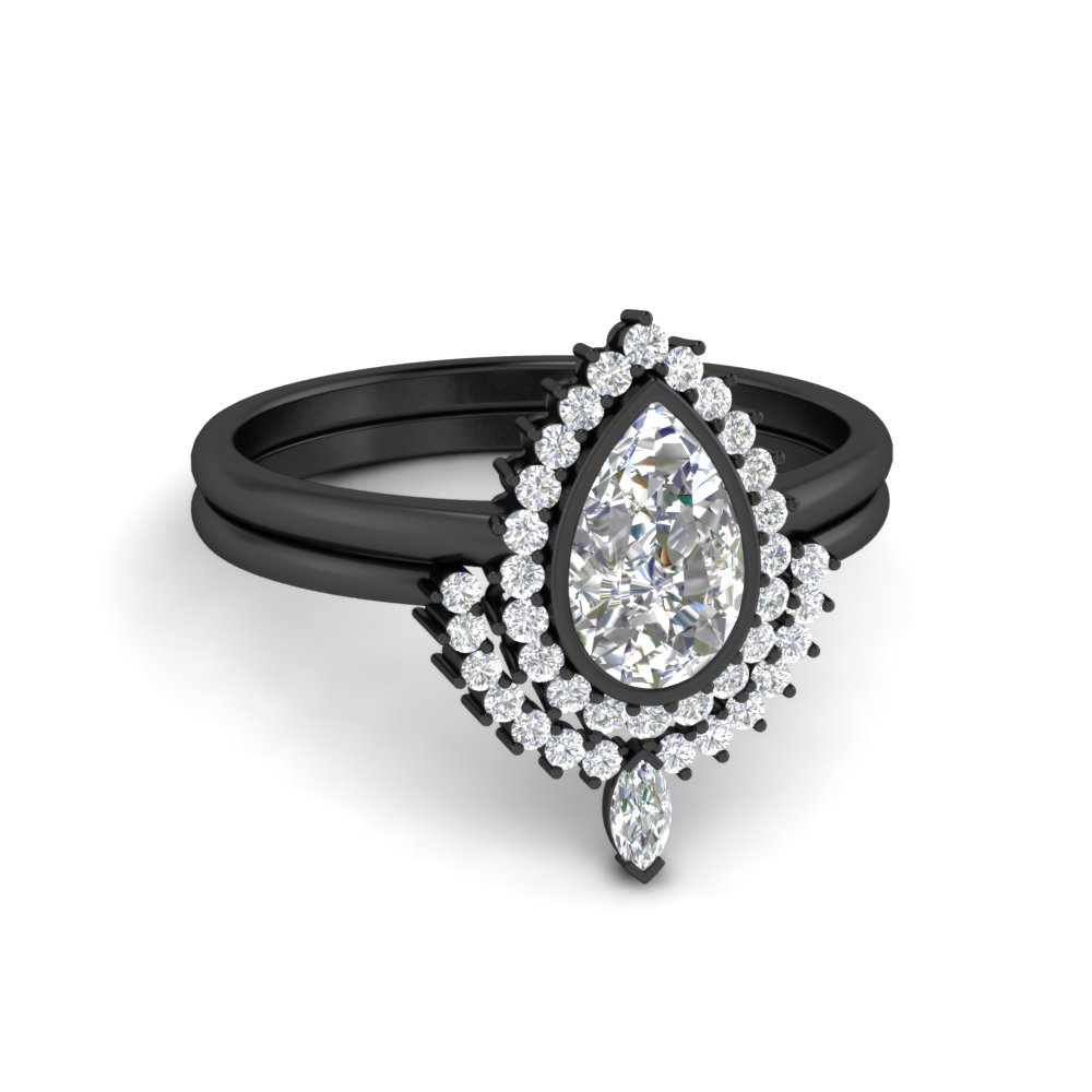 Pear Shaped Pear Bezel Halo Diamond Black Ring with White Diamond 14K Black Gold