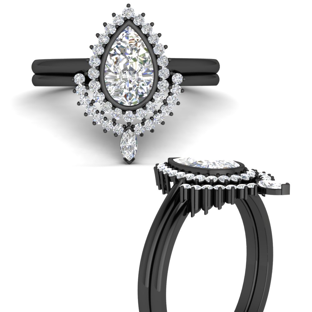 Pear Shaped Pear Bezel Halo Diamond Black Ring with White Diamond 14K Black Gold