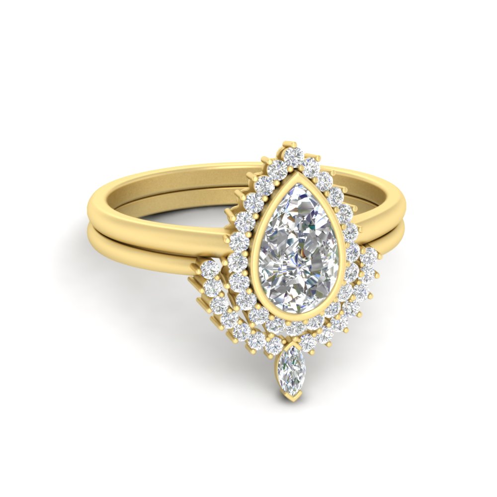 Pear Shaped  Bezel Pear Shape Halo Diamond Wedding Ring Set with White Diamond 14K Yellow Gold