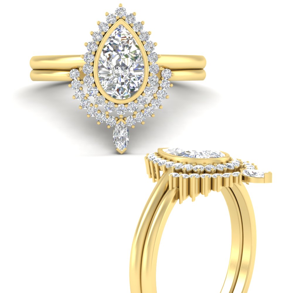 Pear Shaped  Bezel Pear Shape Halo Diamond Wedding Ring Set with White Diamond 14K Yellow Gold