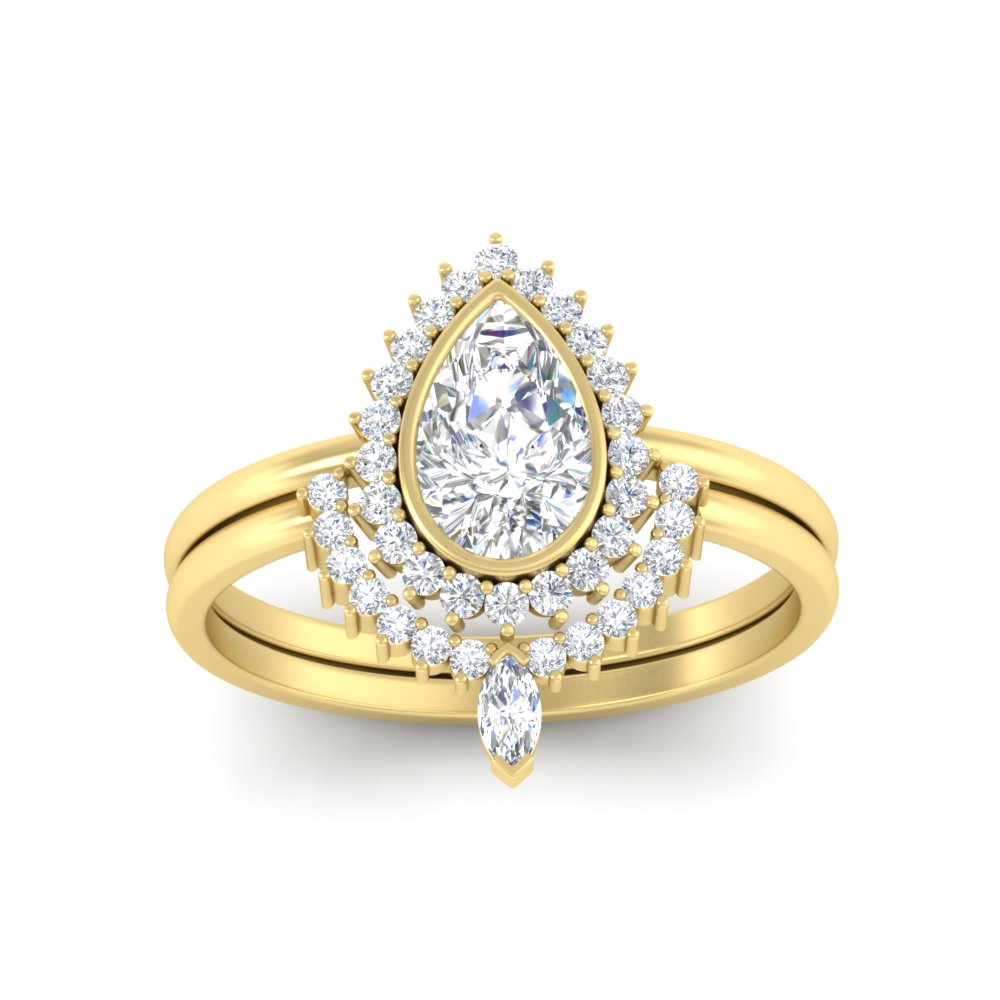 Pear Shaped  Bezel Pear Shape Halo Diamond Wedding Ring Set with White Diamond 14K Yellow Gold