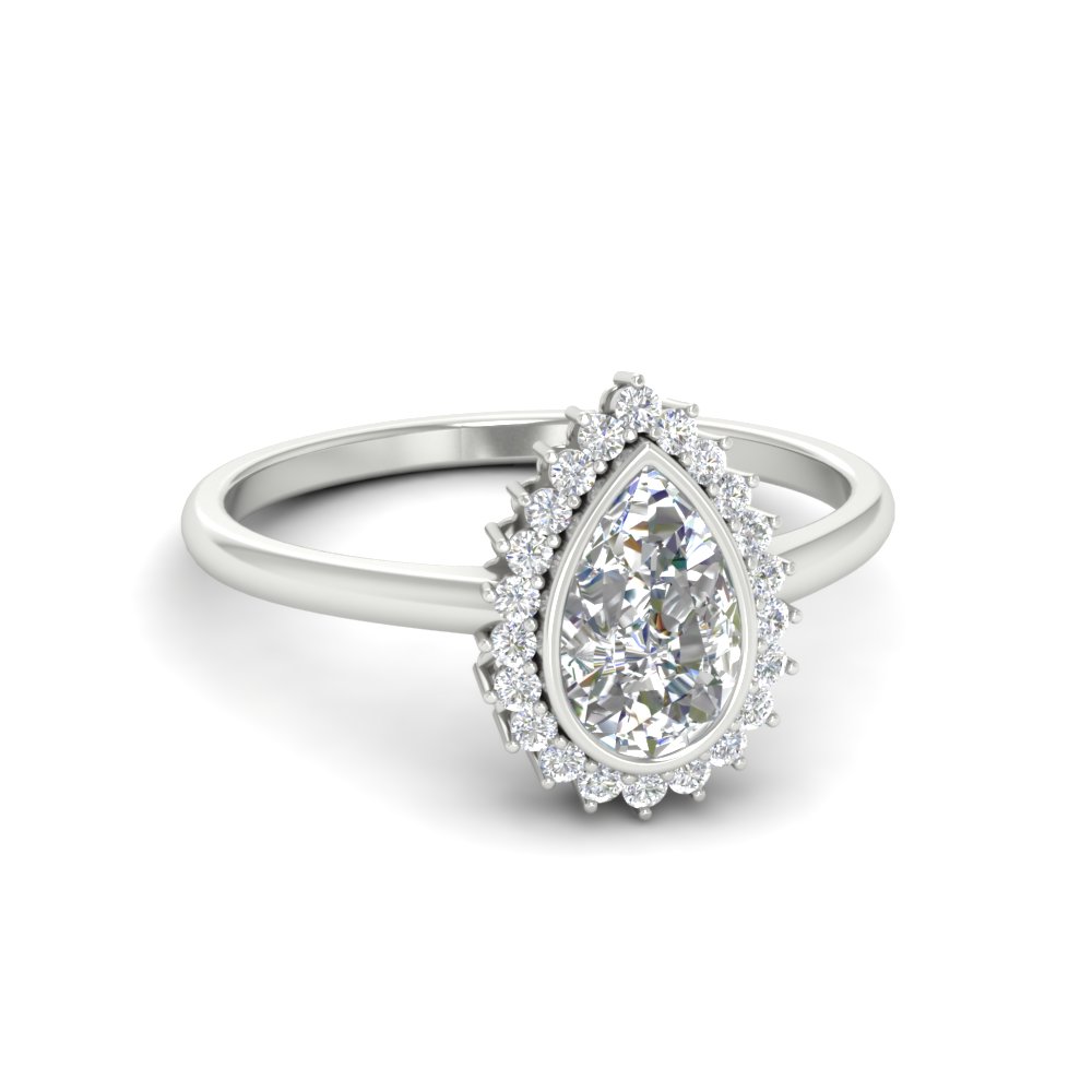 Pear Shaped Pear Bezel Halo Diamond Ring with White Diamond in 14K White Gold