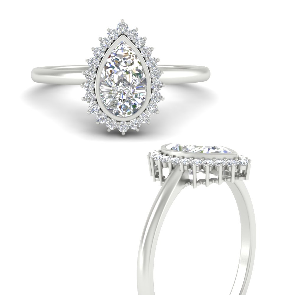 Pear Shaped Pear Bezel Halo Diamond Ring with White Diamond in 14K White Gold