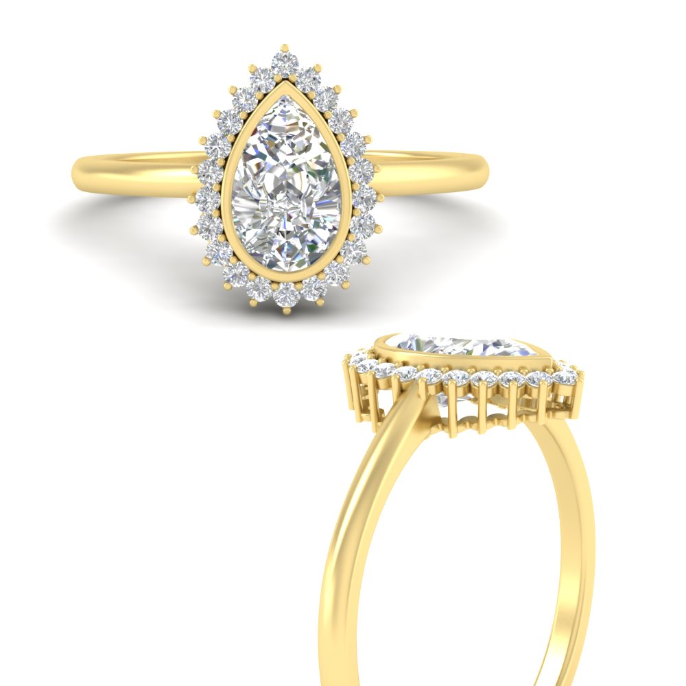 1 Carat Pear Diamond Halo Ring with White Diamond in 14K Yellow Gold