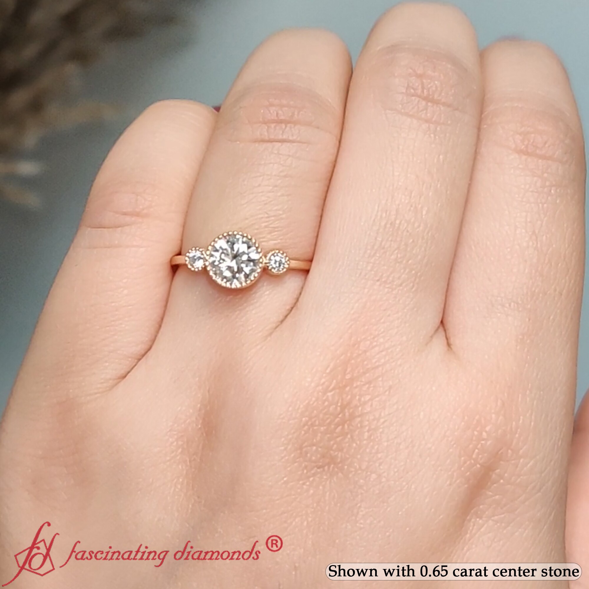 Round Shaped Bezel Set 3 Stone Simple Ring with White Diamond in 14K Yellow Gold