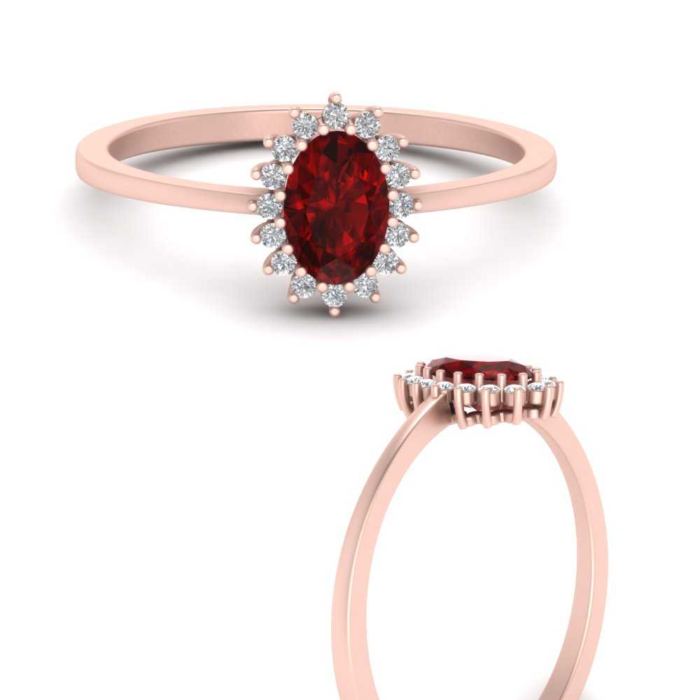Oval Gemstone Halo Diamond Ring with 14K Rose Gold Red Ruby