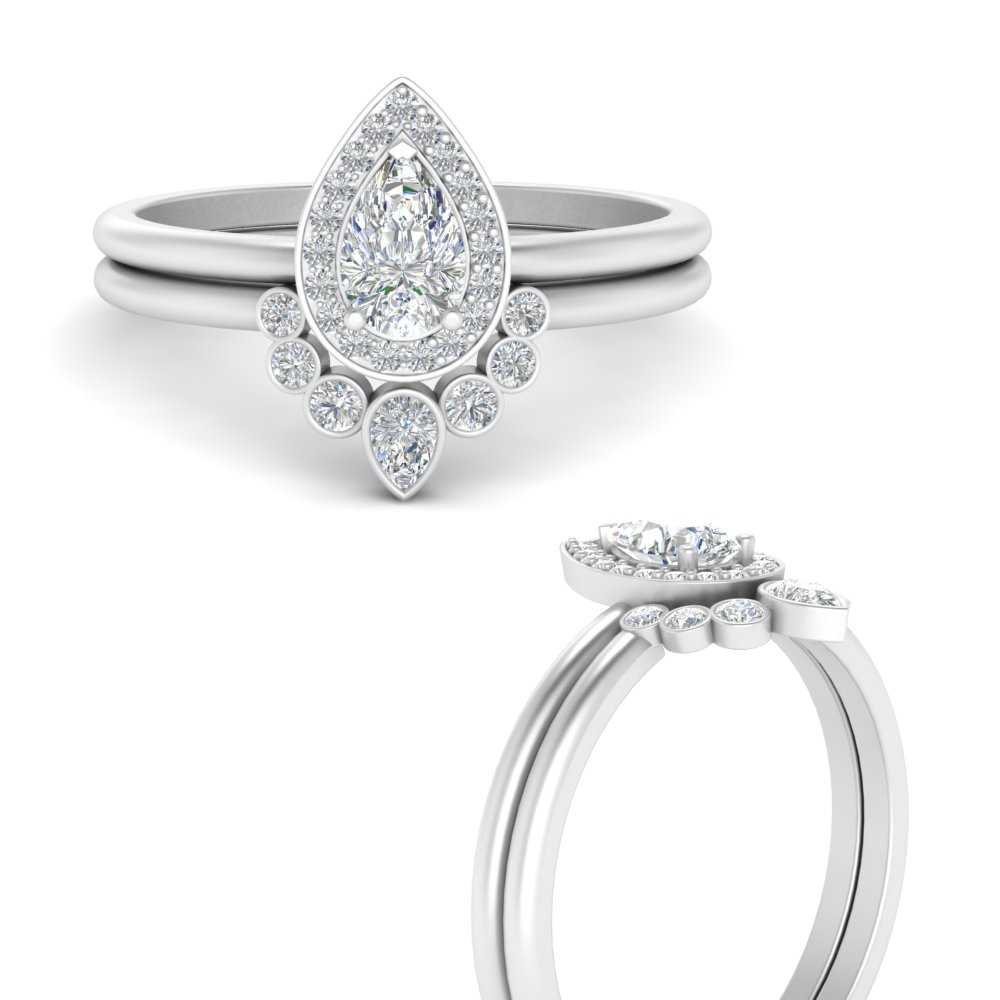 Gold Wedding Ring Set with Pear Halo Moissanite Engagement Ring