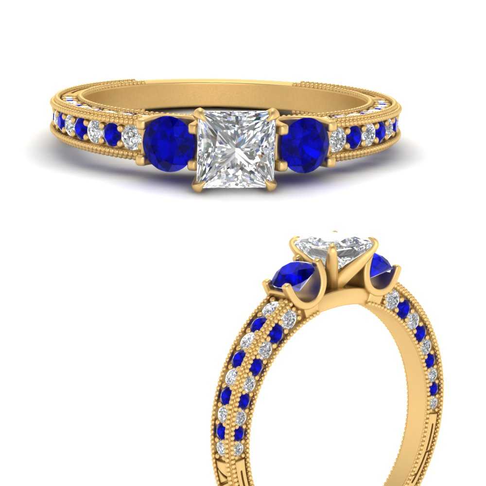 princess-cut-three-stone-milgrain-diamond-engagement-ring-with-sapphire-in-FD9730PRRGSABLANGLE3-NL-YG
