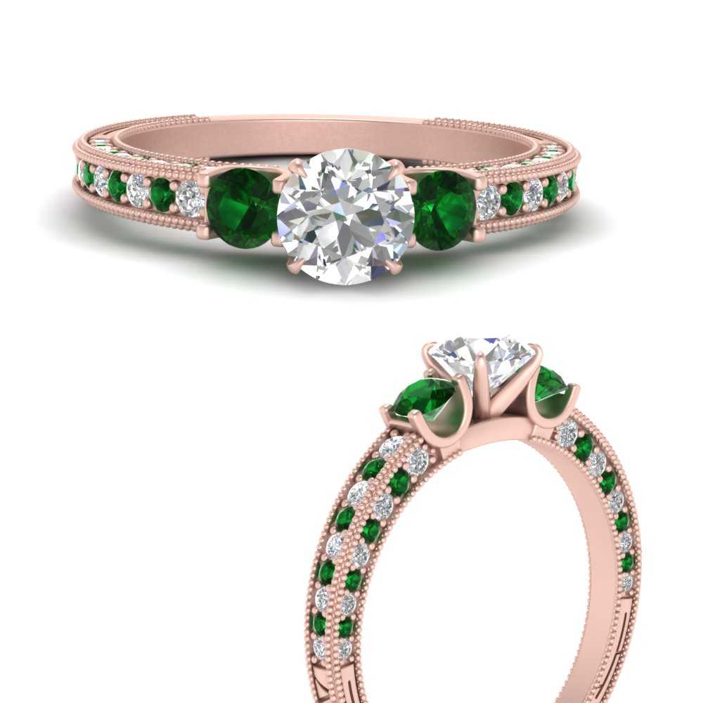 round-cut-three-stone-milgrain-diamond-engagement-ring-with-emerald-in-FD9730RORGEMGRANGLE3-NL-RG