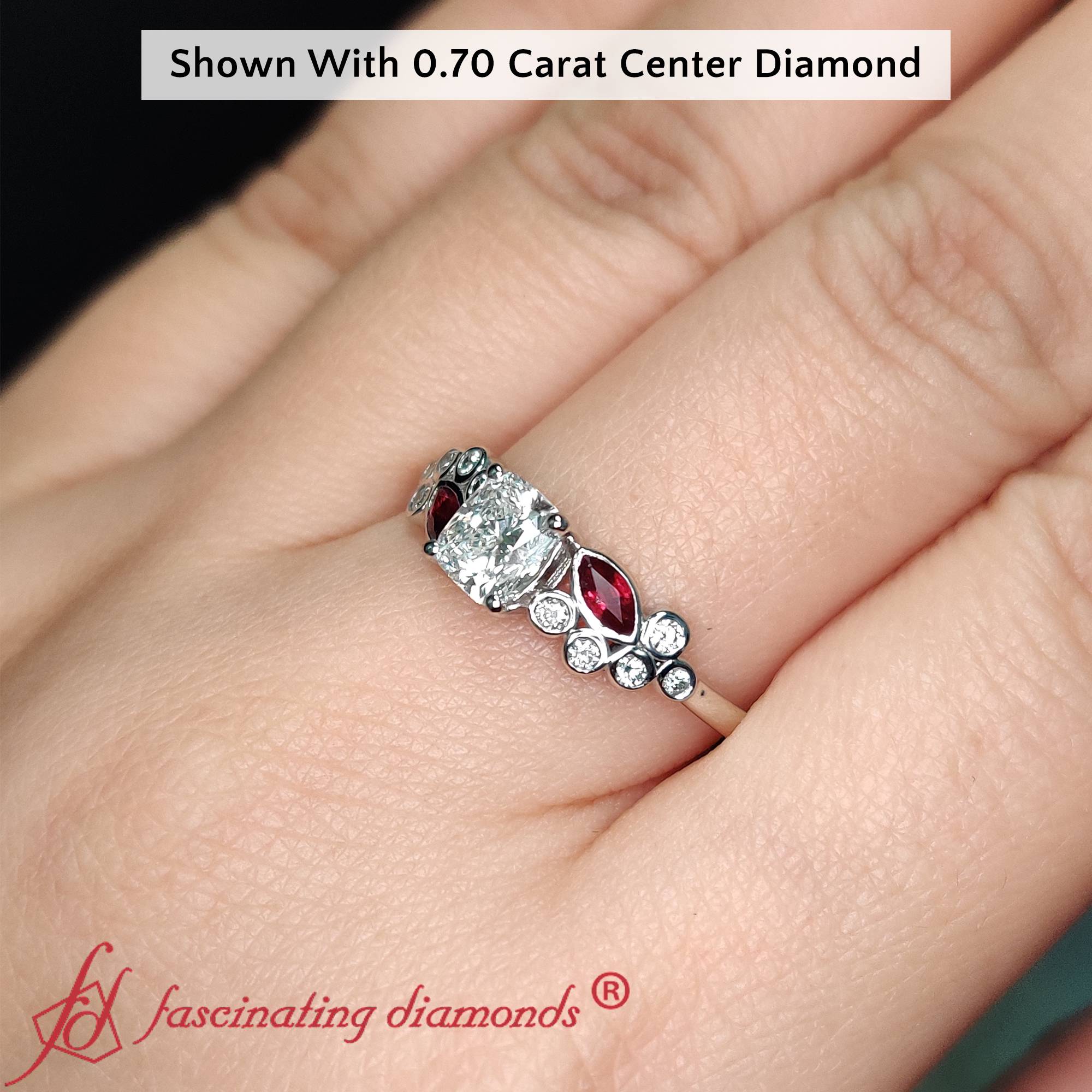 1 Carat Cushion Cluster Engagement Ring with 14K White Gold Red Ruby